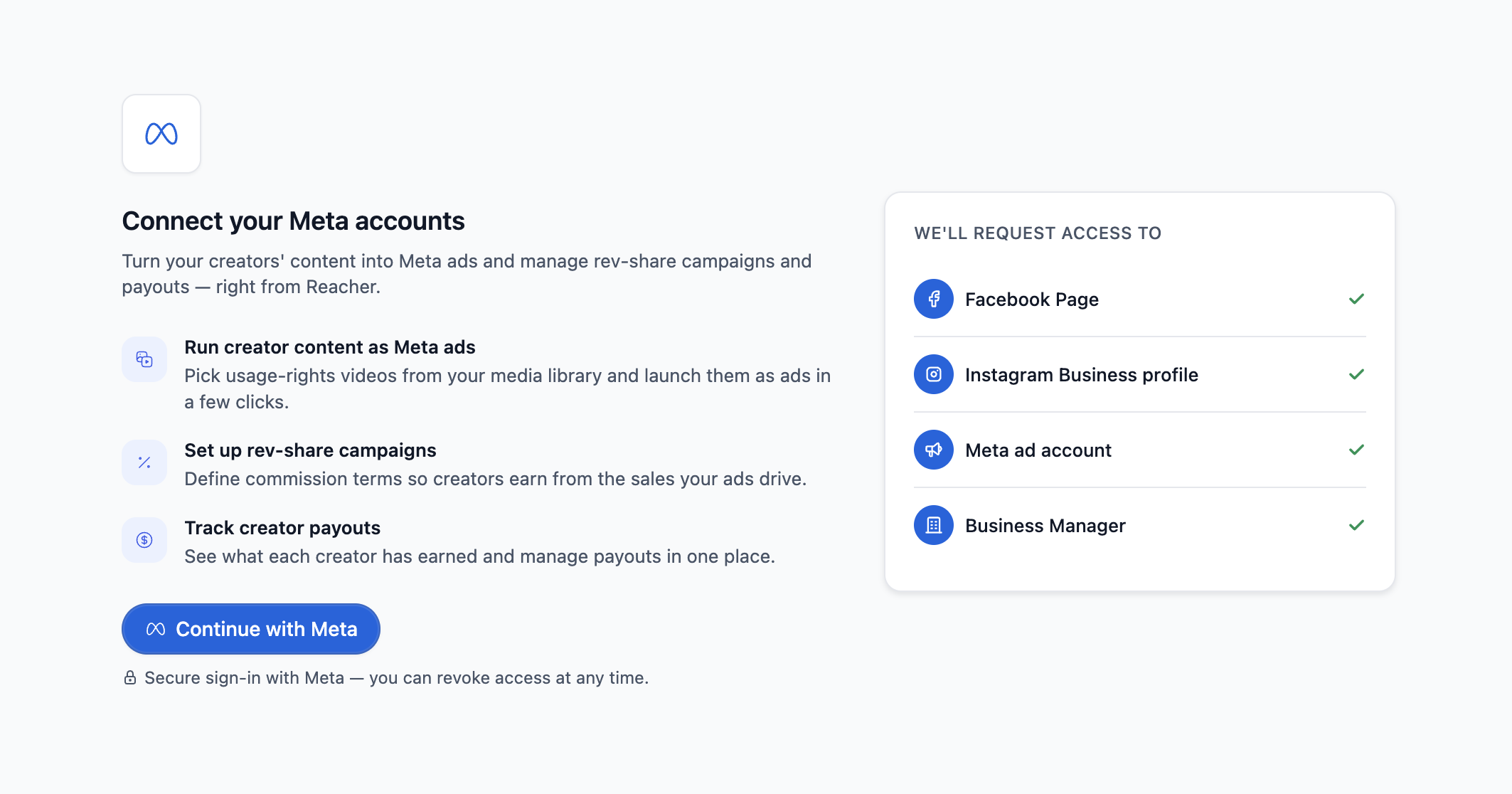 Connect Facebook, Instagram, and Meta ad accounts to Reacher